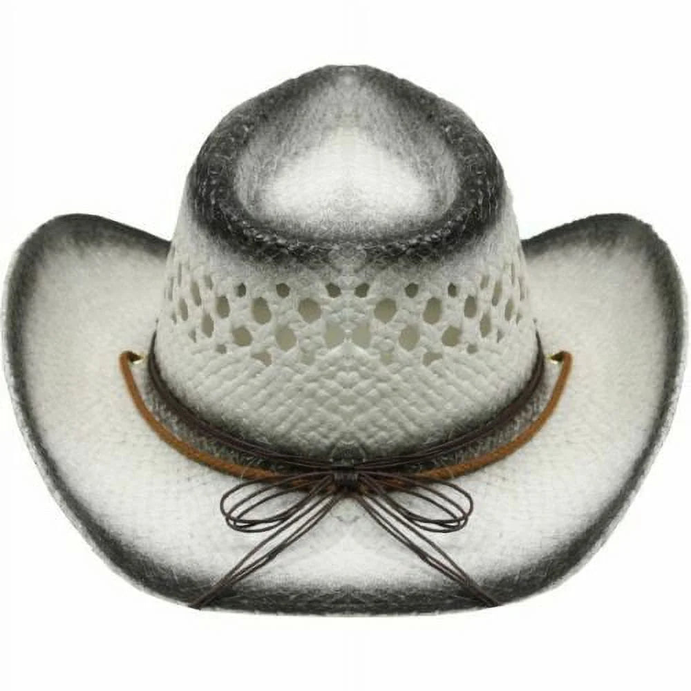 White Tea Stain Cowboy Straw Hat W/ Turquoise Azure Beads Women Western Cowgirl