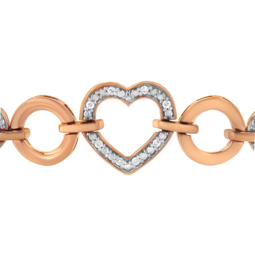 14K Rose Gold Plated .925 Sterling Silver Diamond Accent Circle And Heart Link Adjustable 6”-10” Bolo Bracelet (I-J Color, I3 Clarity)