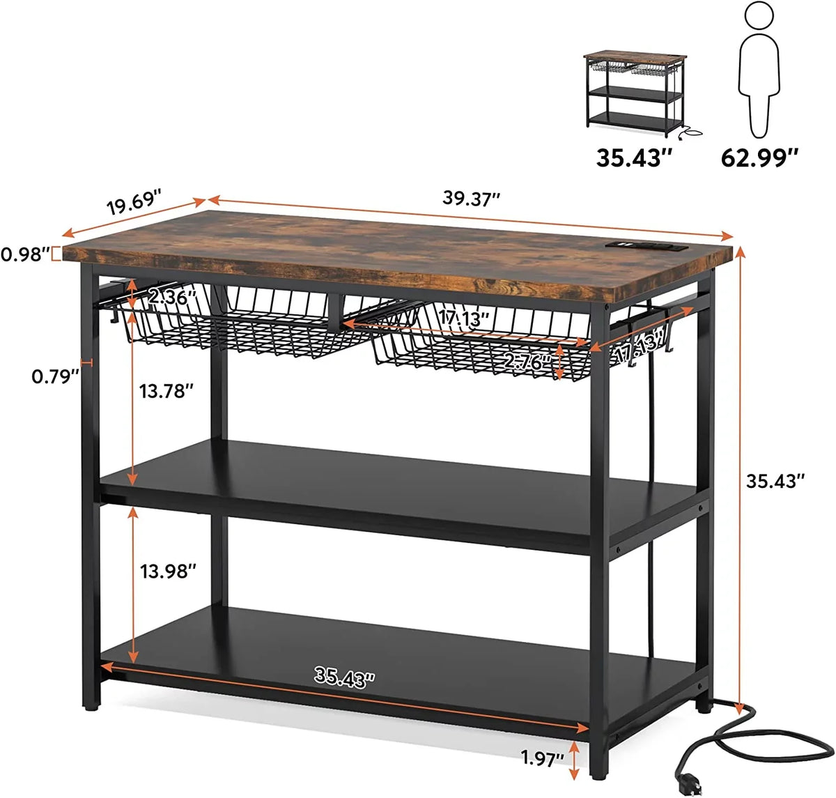 Stckjxx Kitchen Island With Industrial Island Table With Power Outlets And Wire Baskets 3 Tier Microwave Oven Stand Butcher Block Island With Large Worktop 4 Hooks Rustic Brown