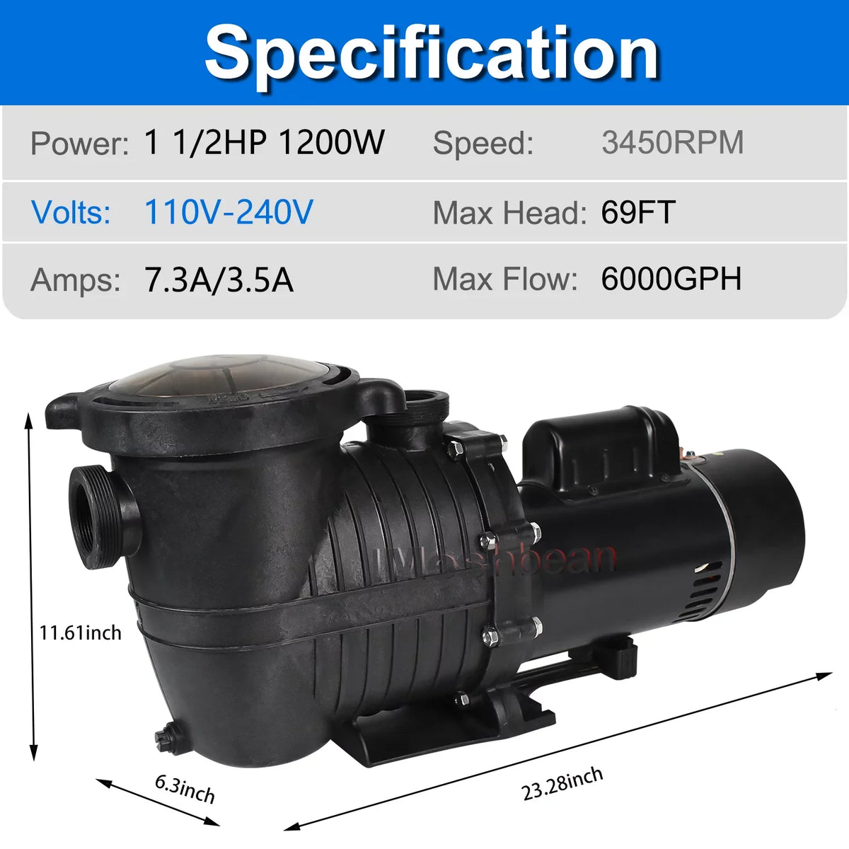 6000GPH, Circulation, 1.5HP Swimming iMeshbean 110V-230V, Max Pool liquid Above Motor Swimming w/ 69FT, Strainer and Pool Head Ground Pump, In-ground Basket Inground Pool for