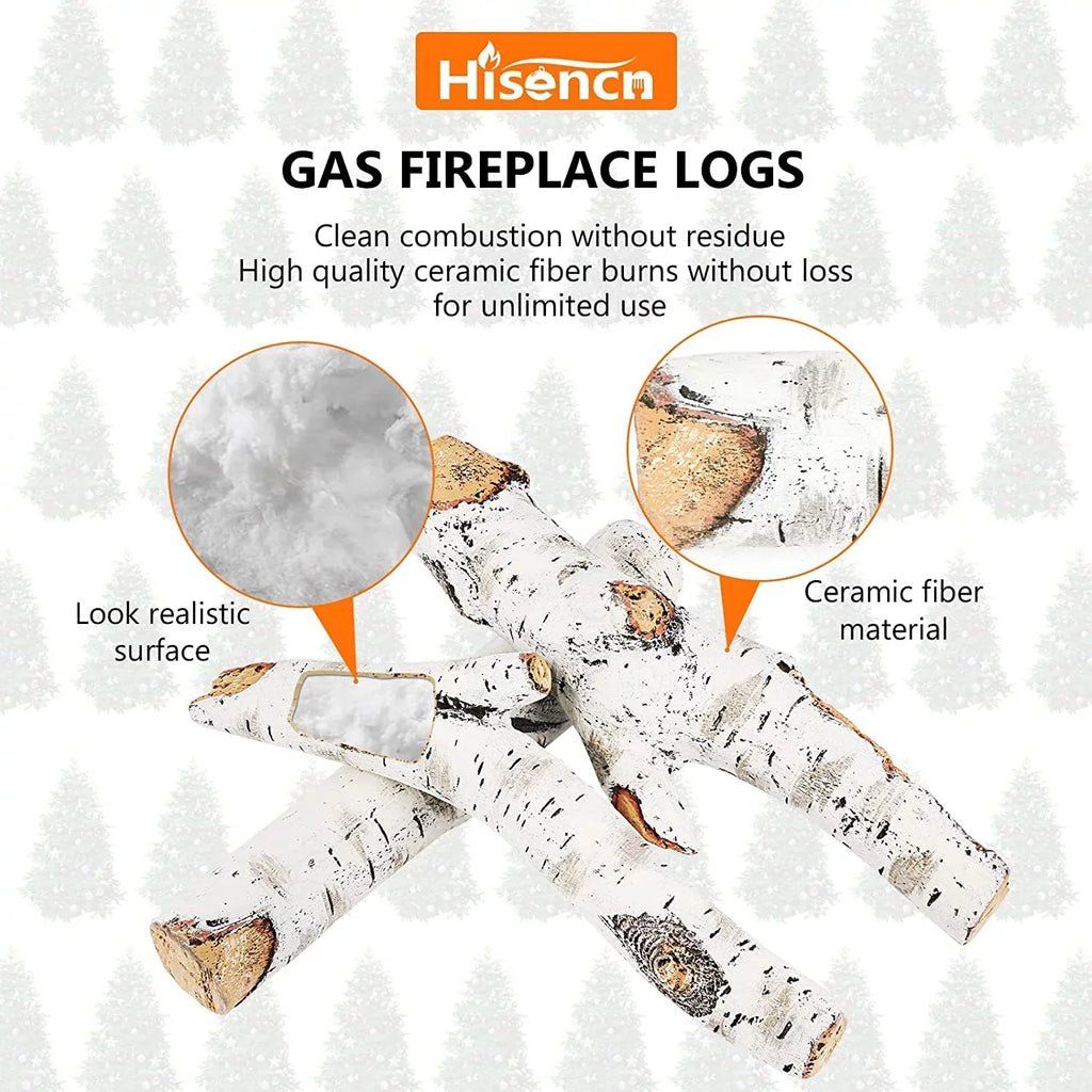 Grisun 26.8" Large Gas Fireplace Logs, Ceramic White Birch Wood Logs For Indoor Inserts, Outdoor Firebowl, Fire Pits, Vented, Propane, Gel, Ethanol, Electric, Realistic Fireplace Decoration, 6 Pcs
