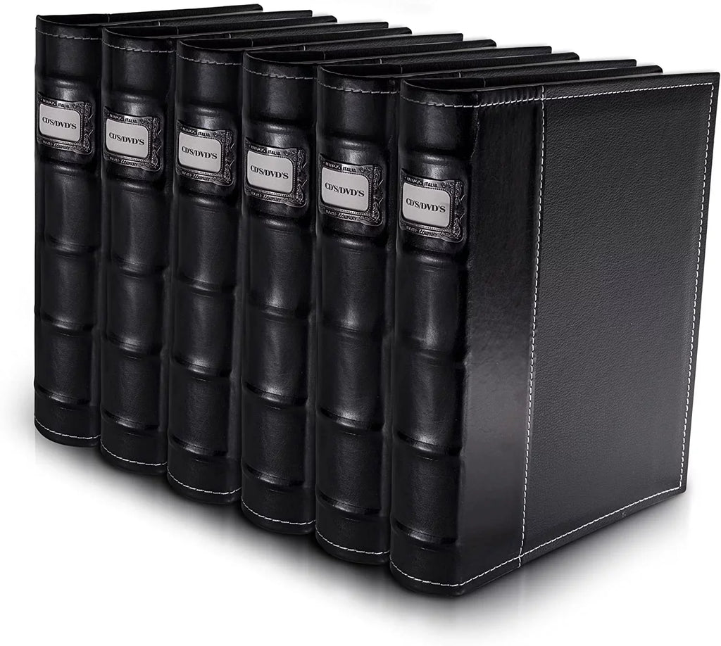 Bellagio-Italia Cd/Dvd Storage Binder Set - Black - Leather - 6 Pack - 288-Disc Capacity - Storage Organizer For Dvds, Cds, Blu Rays, & Video Games - Acid-Free Binder Organizer Sheets
