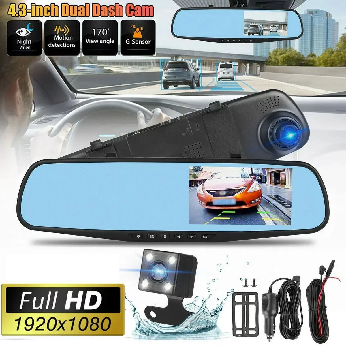 1 Pack 1080P Rearview Mirror Car Camera 4.3" Dash Cam For Cars Trucks,170°Wide Angle Dual Lens Car Cam Front Rear Dvr Monitor, Night Vision,Parking Monitor,Motion Detection,G-Sensor