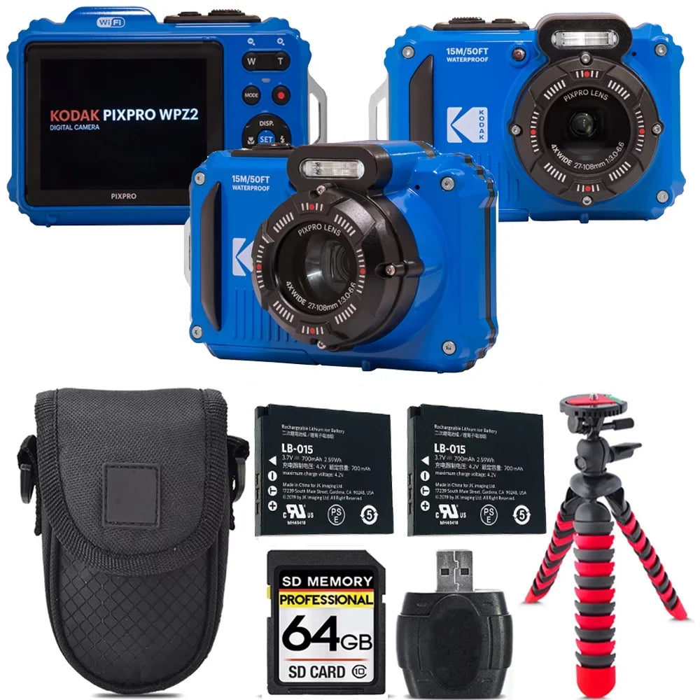 Extra WPZ2 Case Camera (Blue) Kodak PIXPRO Battery Kit + Digital -64GB +Tripod +