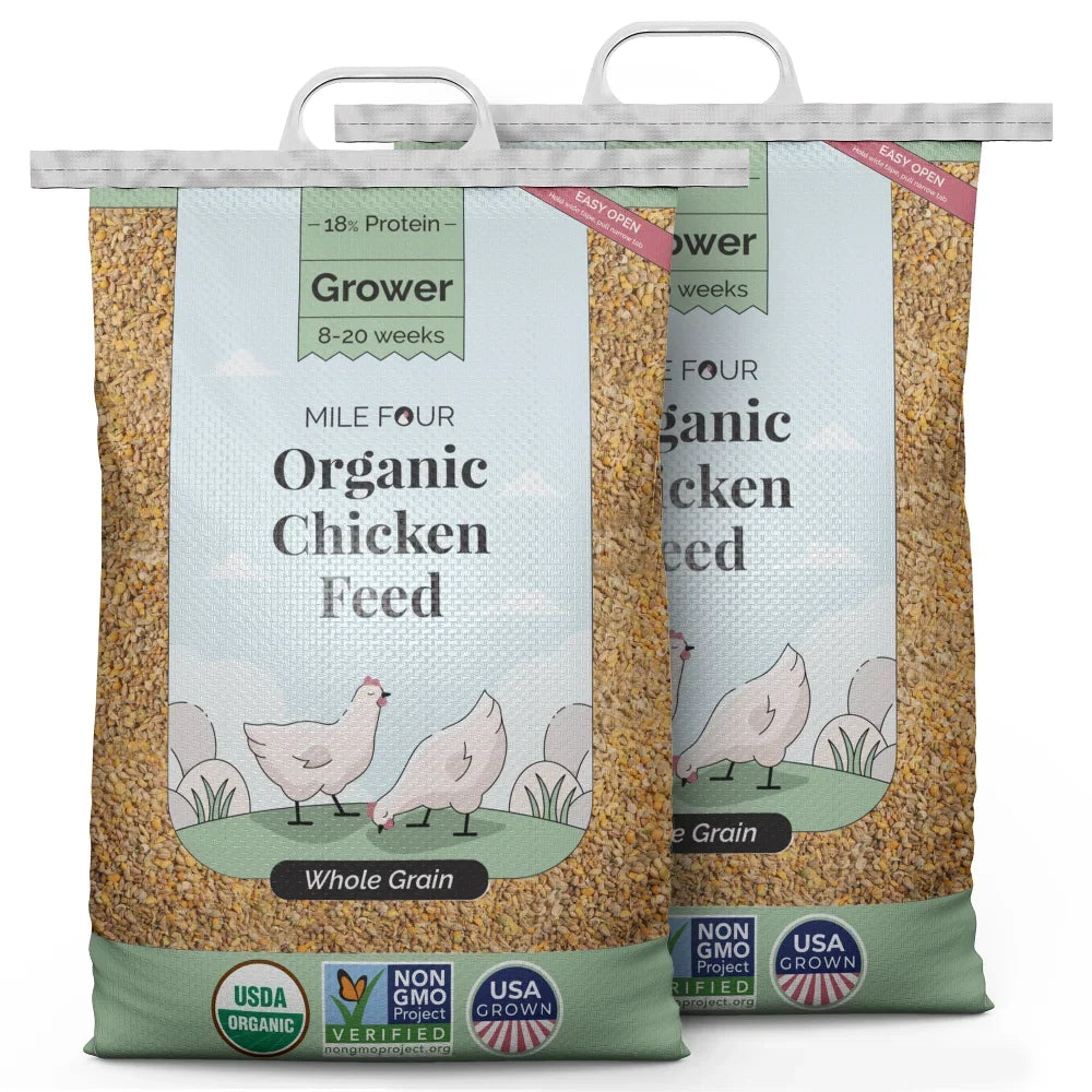 Non-Medicated Grown Organic, US 100% Grains, Organic Non-GMO, Certified Chicken Whole Corn-Free, | Four | Protein | Feed | Chicken Certified | Grain Soy-Free, 18% 46 lbs. Grower Food Mile