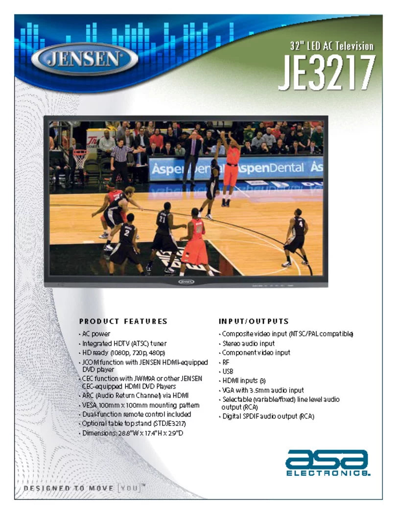 Control, LED AC HDTV JENSEN 480p), Remote Television 110V (1080p, HDTV 16:9 AC LCD 1366 (ATSC) High WXGA+ Wide panel, Performance Tuner JE3217 Integrated 768 Resolution, Ready and x 720p, & 32" with