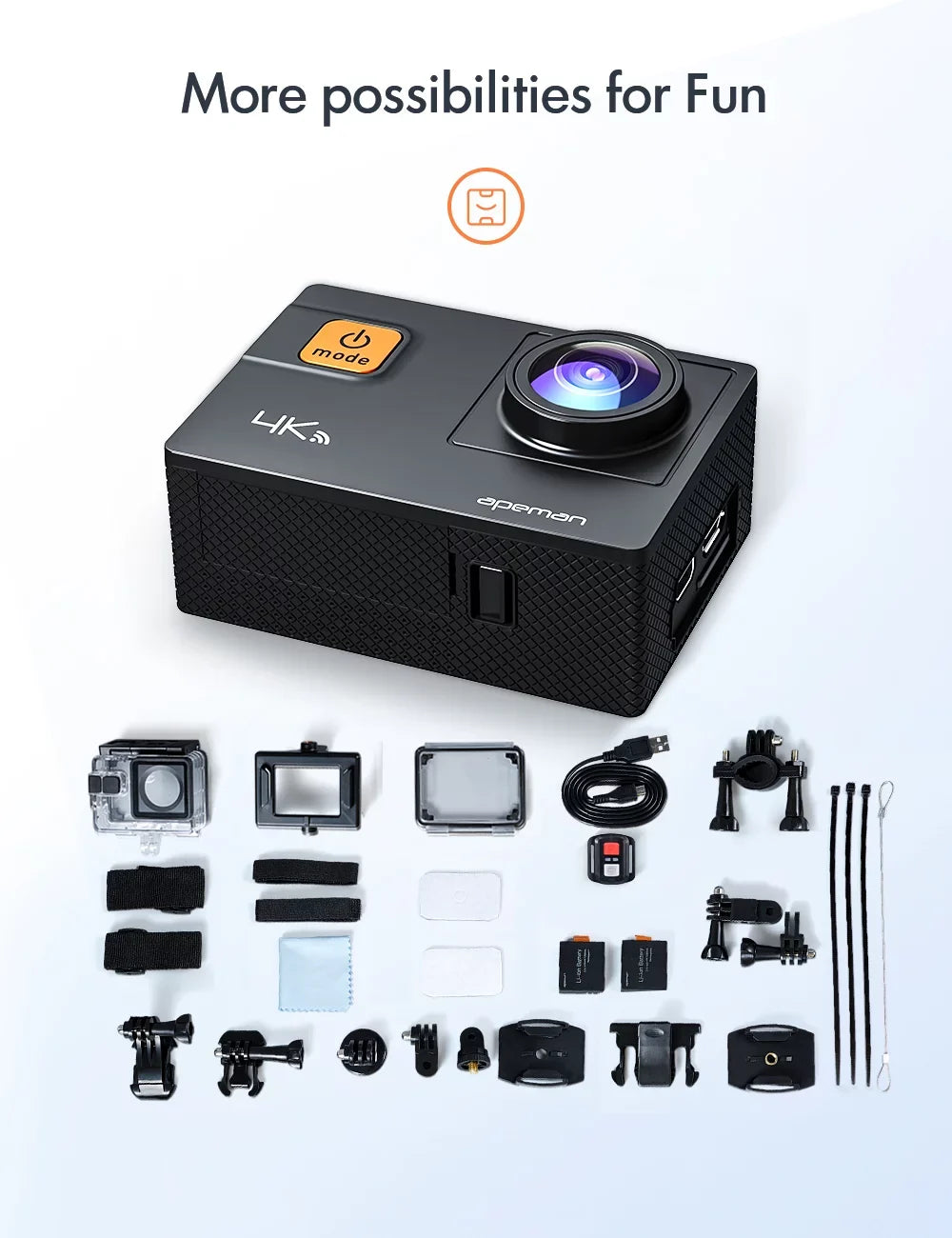 Skateboard A87 20MP Touchscreen WiFi Camcorder UHD Underwater Motorbike Apeman and Action Camera for Camera, 4K/60fps