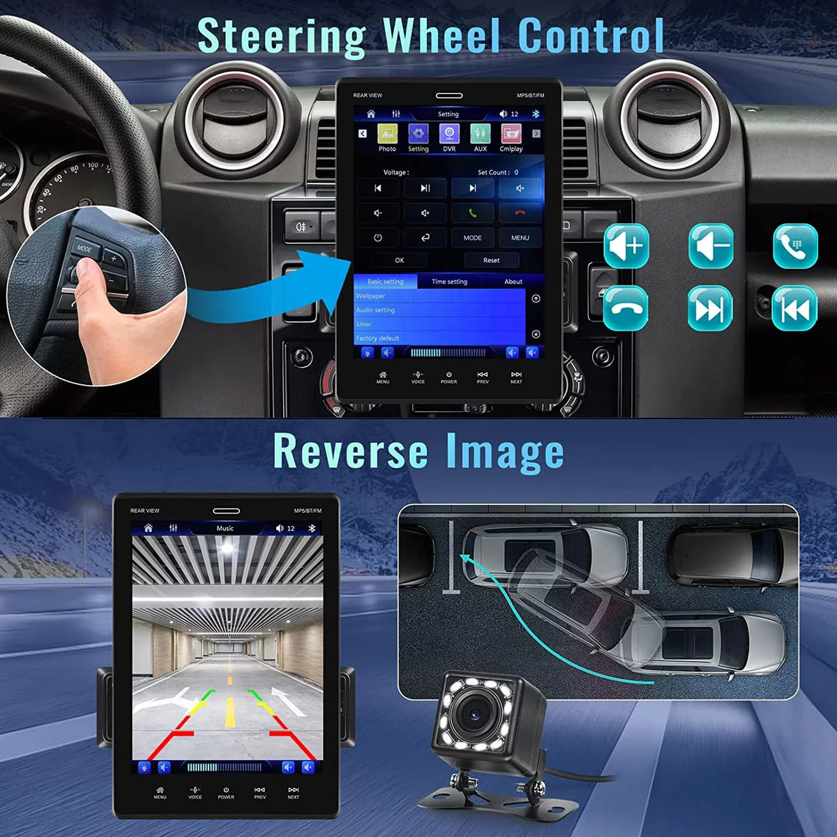 Android USB 12 Touch Stereo Din Mirror Bluetooth 9.5'' with Radio FM,with HD Car Car Player Rear MP5 Single LED Camera Car Link Auto Podofo Screen Carplay