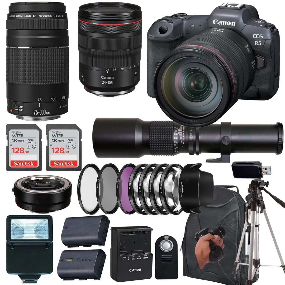 Lens+case+256Memory USM RF with f/8 f/4L EF IS (24PC) III Canon Telephoto 24-105mm Preset L Lens+500mm EOS Canon 75-300mm Cards R5 Camera f/4 Lens+ Mirrorless