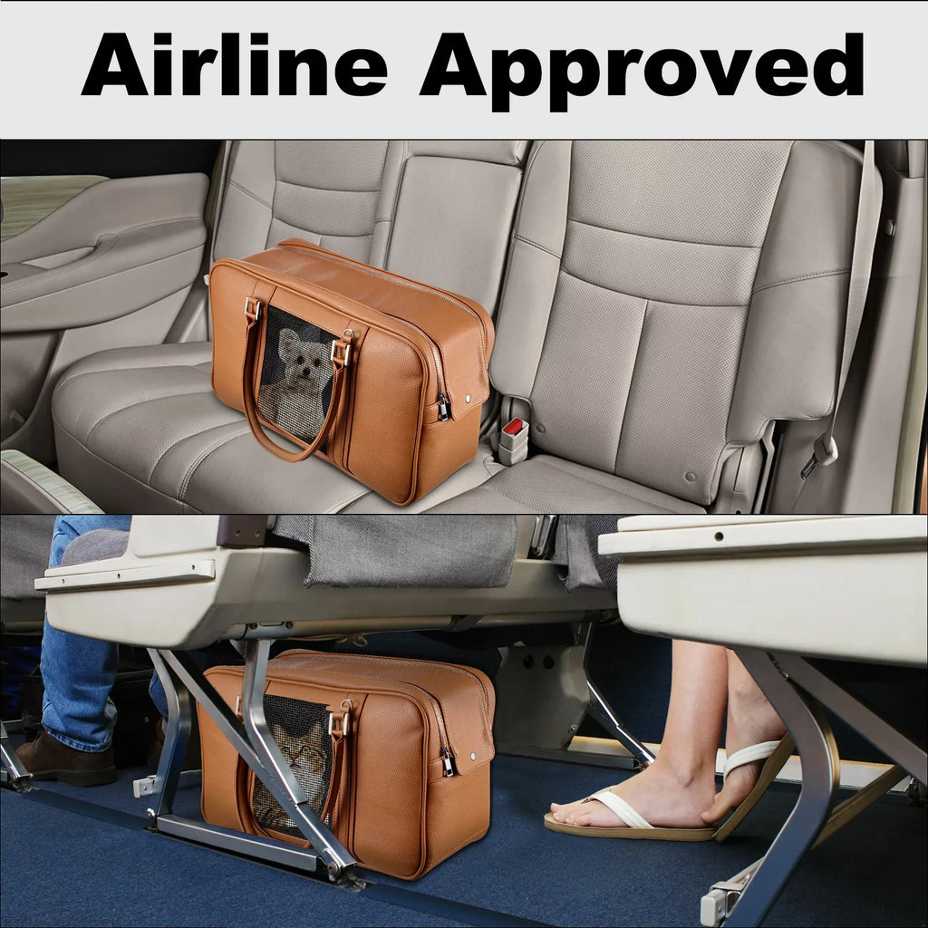 Airline Leather 10lbs for Carrier Cat Dogs Puppy for Up to Pockets, Carrier, Fashion Carrier Purse Holds Travel Carrier, Cloth Approved Dog dimension) Pet Purse 2 (Brown, with Extra Small Pu Small