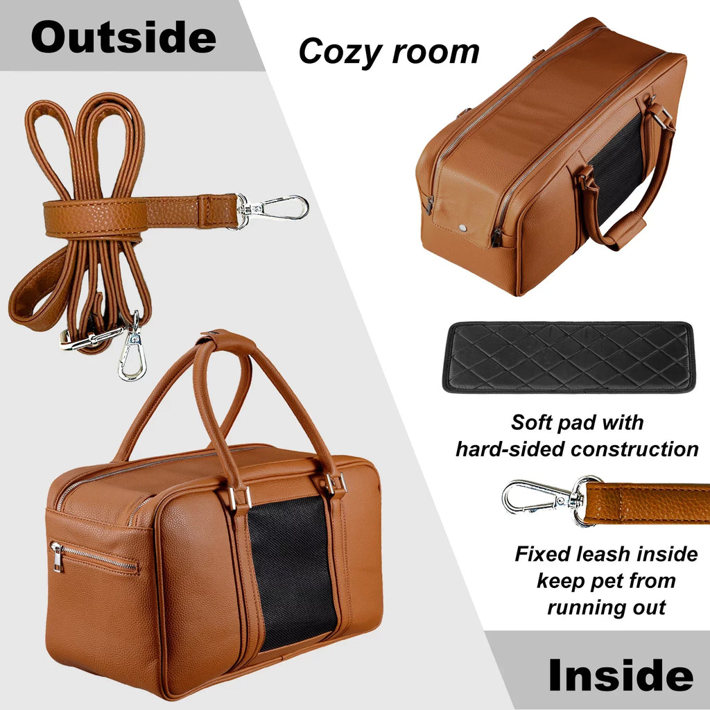 Airline Leather 10lbs for Carrier Cat Dogs Puppy for Up to Pockets, Carrier, Fashion Carrier Purse Holds Travel Carrier, Cloth Approved Dog dimension) Pet Purse 2 (Brown, with Extra Small Pu Small