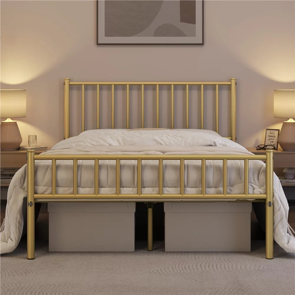 Easyfashion Justin Metal Platform Bed With Spindle Headboard And Footboard,Full,Antique Gold