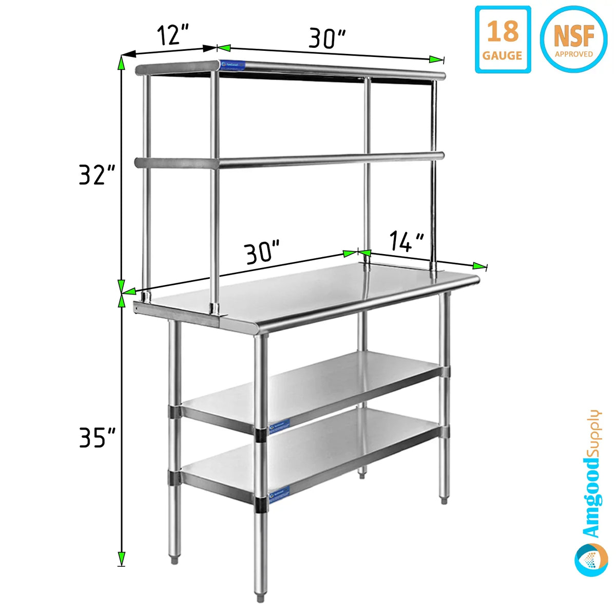 Two Double Shelving Metal 12" 30" Overshelf Tier | 14" Stainless Kitchen Wide Steel & Prep Work | x Combo Table Table With Shelves