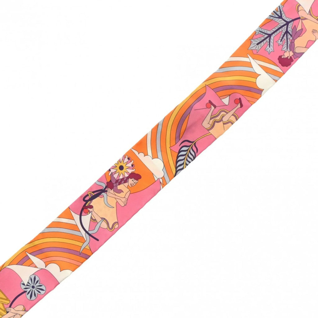 Silk Volants Muffler - (Like Scarf New) Orange/Rose/Mauve HERMES 100% Pre-Owned Women's Twilly Carres