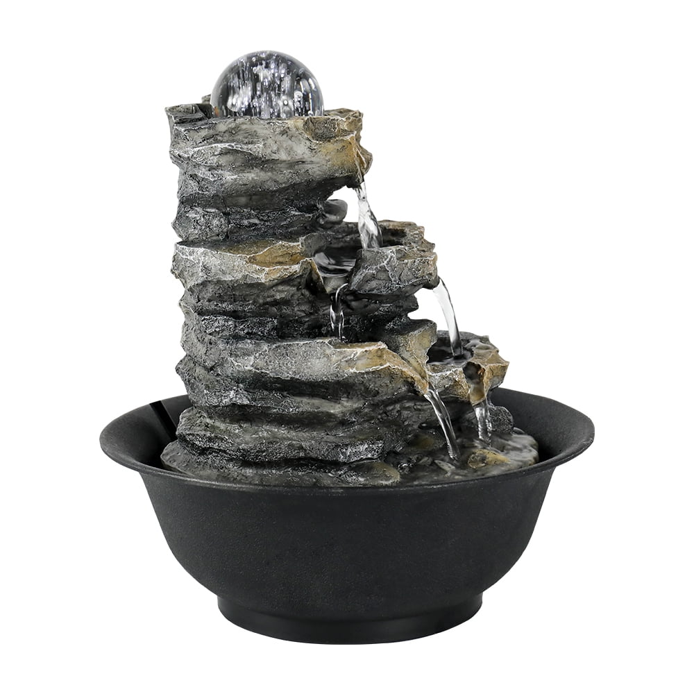 8.3-Inch High 4-Tier Cascading Rock Falls Tabletop Water Fountain With Led Lights For Home And Office Decor