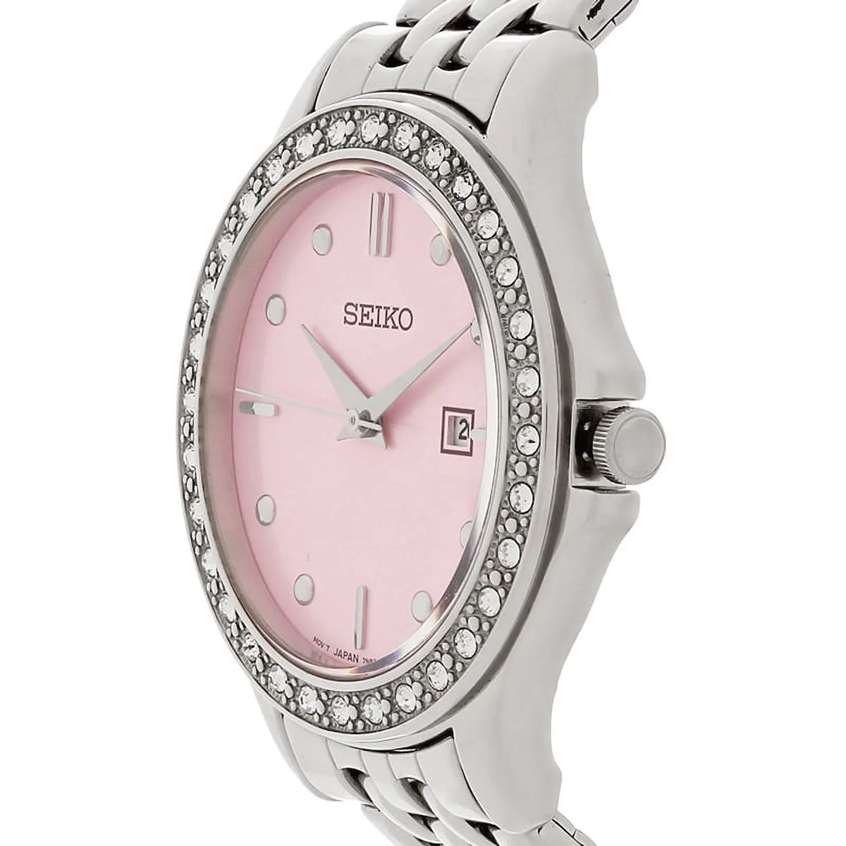 Seiko Women'S Sxdf89 Dress Pink Dial Steel Bracelet Swarovski Crystal Watch
