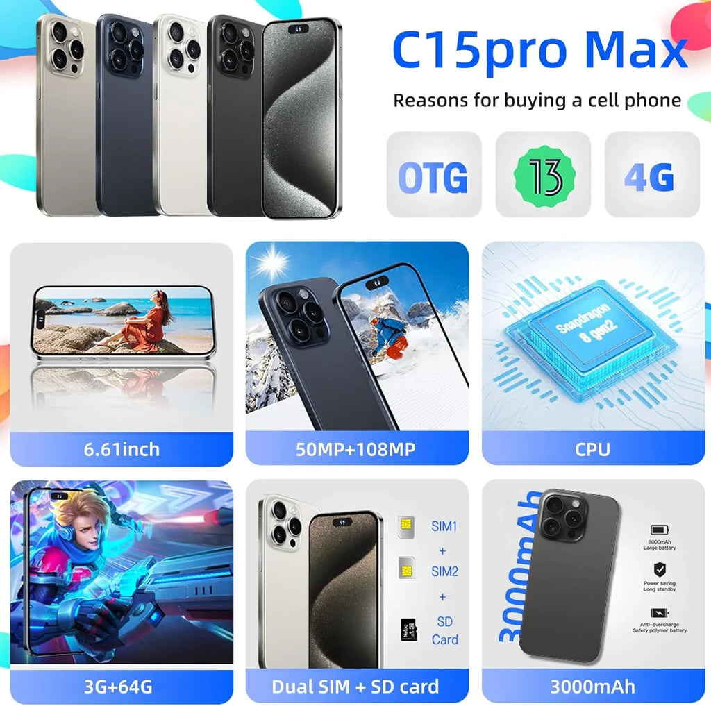 C15 Max (Black,3+32G) Pro AI Android Phone High-Definition Cell Screen Large-Capacity Battery Smartphone Phone Unlocked Support Large 3000mAh Phones Dual-SIM 6.61in Smartphones