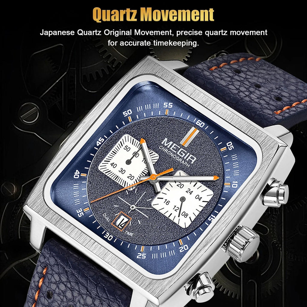 Leather Wrist MEGIR Watch Waterproof Quartz Fashion Luminous Men Calendar Square