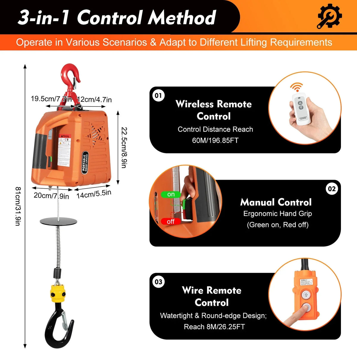 Winches Remote lbs Electric Hoist 300kg/660 Winch Lift Crane Portable W/ 3-in-1