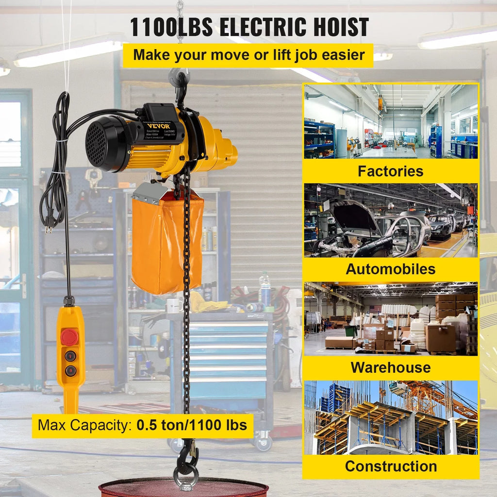 Vevor Lift Electric Hoist, 1100 Lbs Electric Winch W/ 10Ft Wired Remote Control, 110V Overhead Crane Garage Ceiling Pulley Winch Of 14.8Ft Lift Height, Used In Factories, Warehouses, Construction