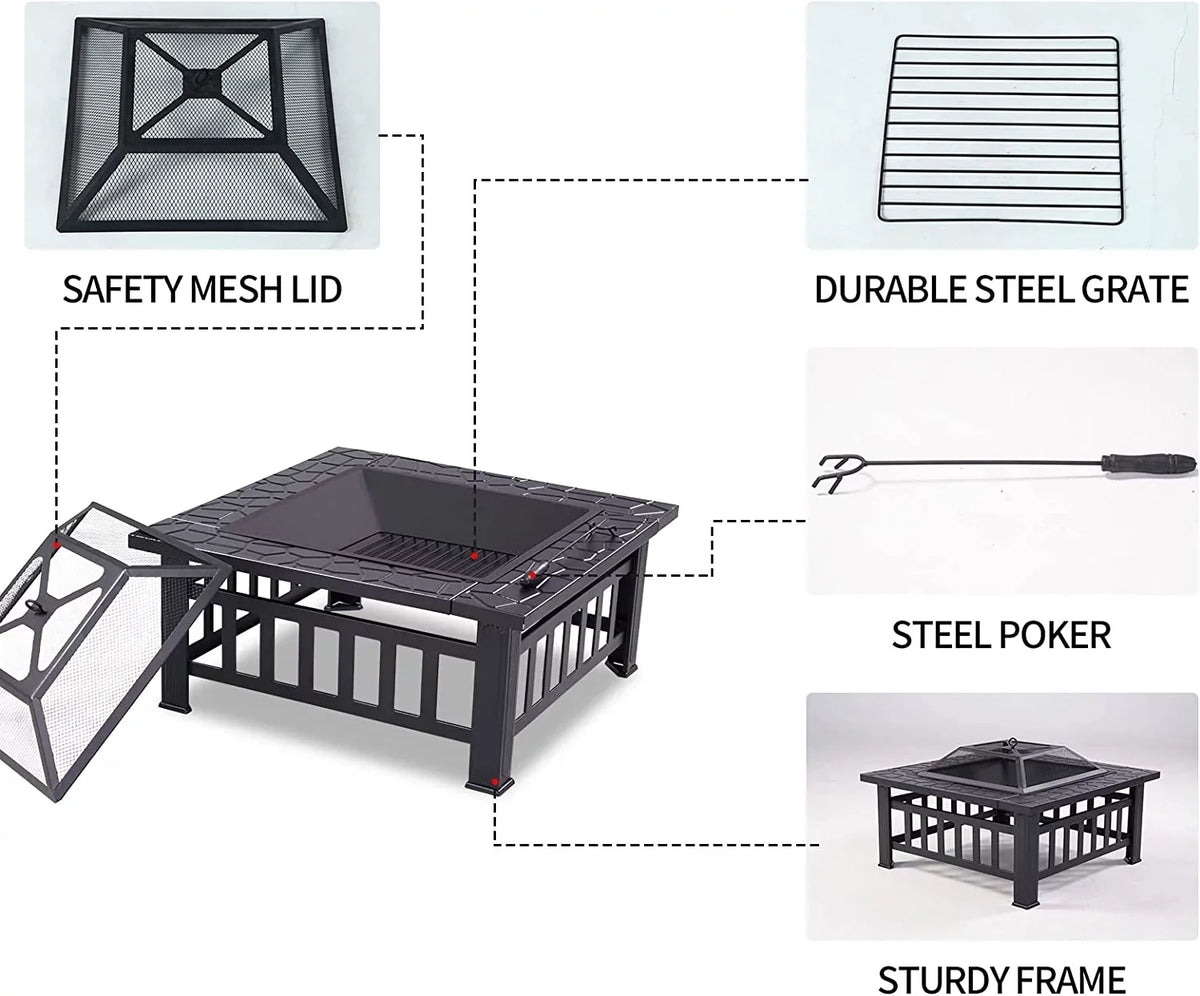 32" Fire Square with Pit, Spark or Burning Safe Bonfire Cover for Warmth, exterior Table Outside, BBQ Fire Grand Poker Patio for Mesh Wood Backyard Cooler & Patio Screen Lid Firepit Pit