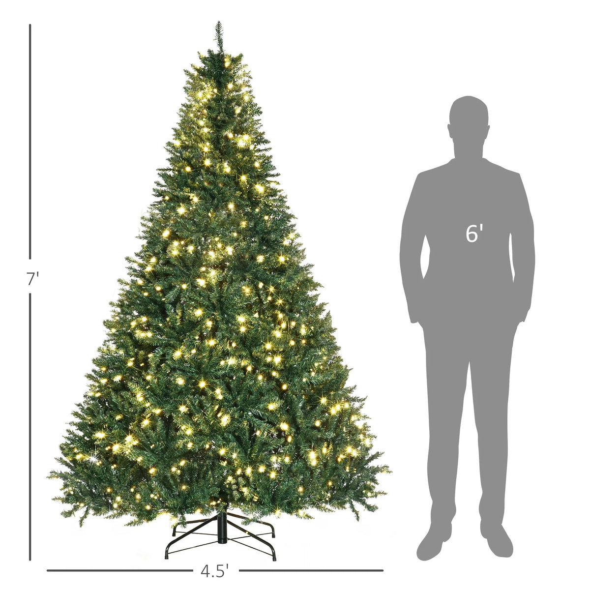 Homcom 7Ft Pre-Lit Full Douglas Fir Artificial Christmas Tree With Realistic Branches, 700 Warm White Led Lights And 2154 Tips