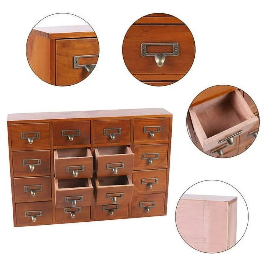 Cabinet Organizer 16 Storage Wood Desk Retro Drawer Box Apothecary Drawers