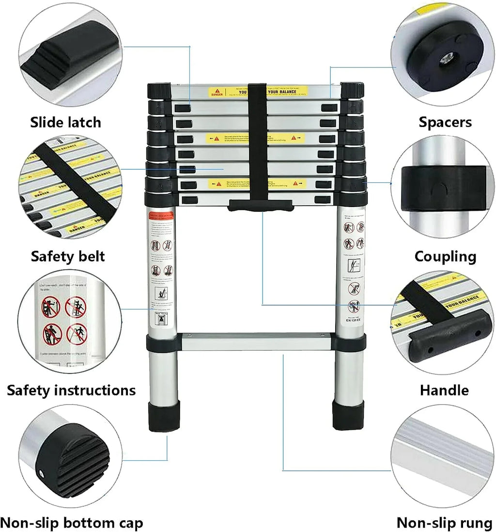 Telescoping Ladder, 8.5 Ft Aluminum Extension Ladder Step Ladders Loft Ladder Attic Ladder Collapsible Ladders For Home, Multi-Purpose Telescopic Compact Ladder For Roof, 330 Pound , En131