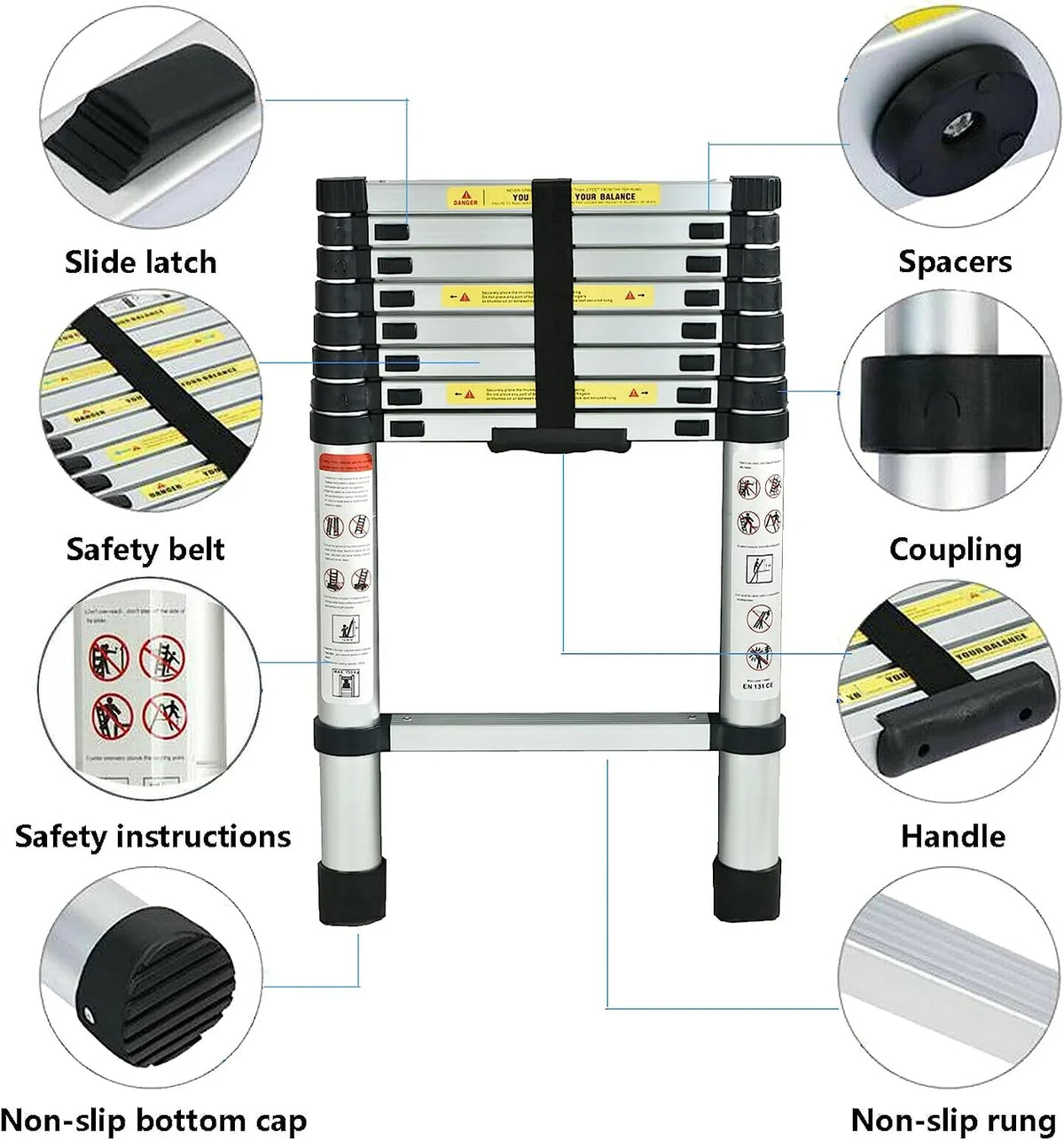 Telescoping Ladder, 8.5 Ft Aluminum Extension Ladder Step Ladders Loft Ladder Attic Ladder Collapsible Ladders For Home, Multi-Purpose Telescopic Compact Ladder For Roof, 330 Pound , En131
