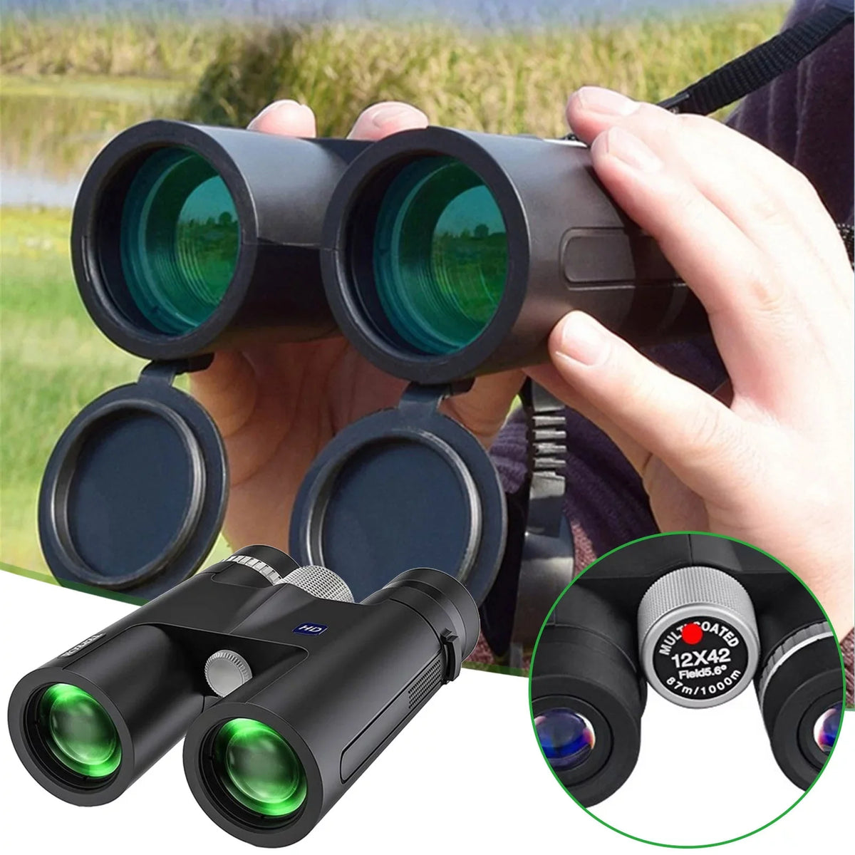 for Adapter Watching, Compact Bird Vision, School Adults, Binoculars to High HD Power Savings! for Binoculars Back Feltree View Light Low with 12x42 Binoculars Clear Hunting Night Large