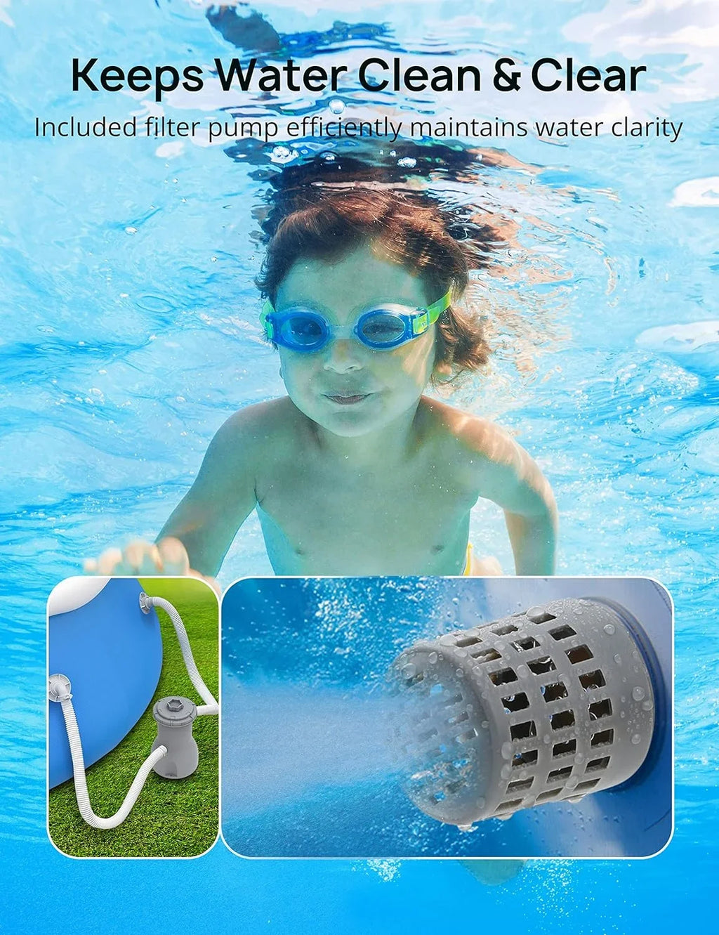 Inflatable 15ft Cover, *35in Pump, and Include 7 Ground Blue Cloth Filter Track Swimming Pool