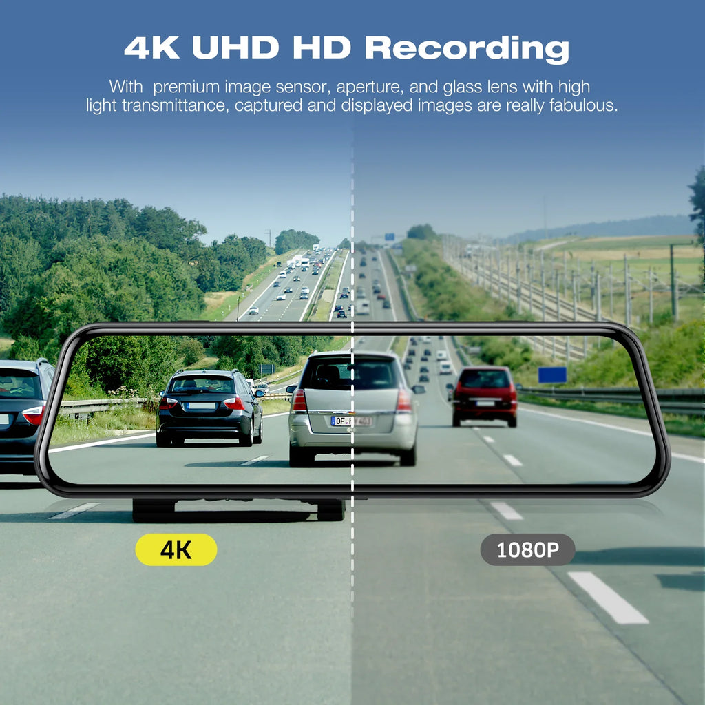 Toguard Backup Camera Rear View Mirror Camera, 10" Touch Screen 4K+1080P Front And Rear Dash Cam, With 64Gb Memory Card, Parking Assist, Parking Monitoring, Gps