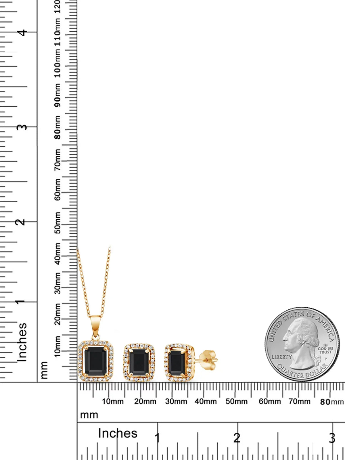 Gem Stone King 18K Yellow Gold Plated Silver Black Onyx Pendant And Earrings Jewelry Set For Women | 6.13 Cttw | Emerald Cut 9X7Mm And 8X6Mm | Gemstone December Birthstone | With 18 Inch Silver Chain