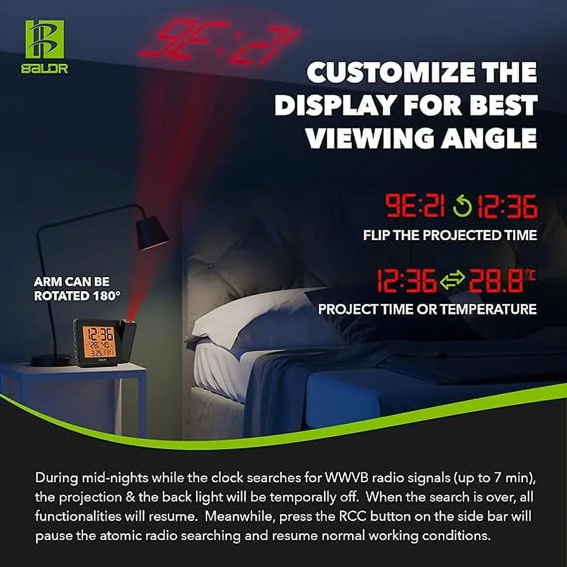 Alarm - Time Ceiling Digital on Time BALDR Clock Wall (Black) Projector Projection Atomic