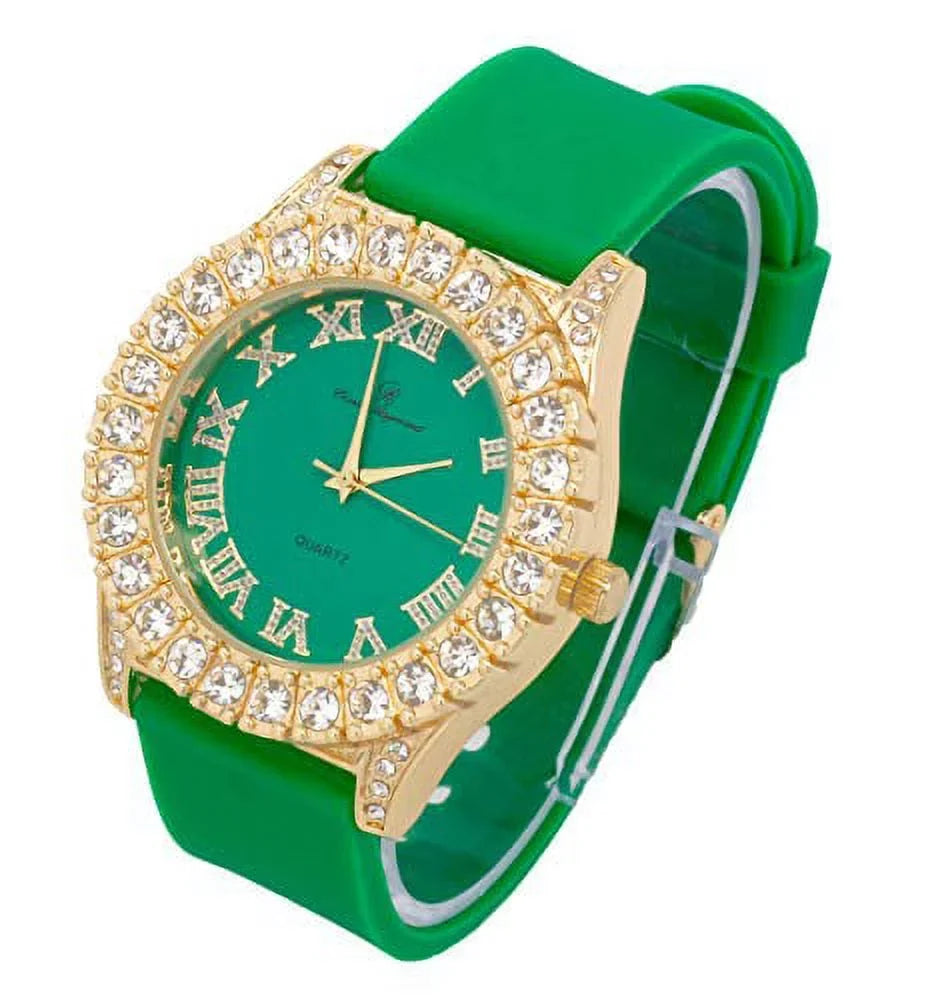 Rocks Mens Out Big Gold Silver Colorful Fully Numerals Green) Roman with Watch Dial ST10327 - Iced RN Single (ST10357