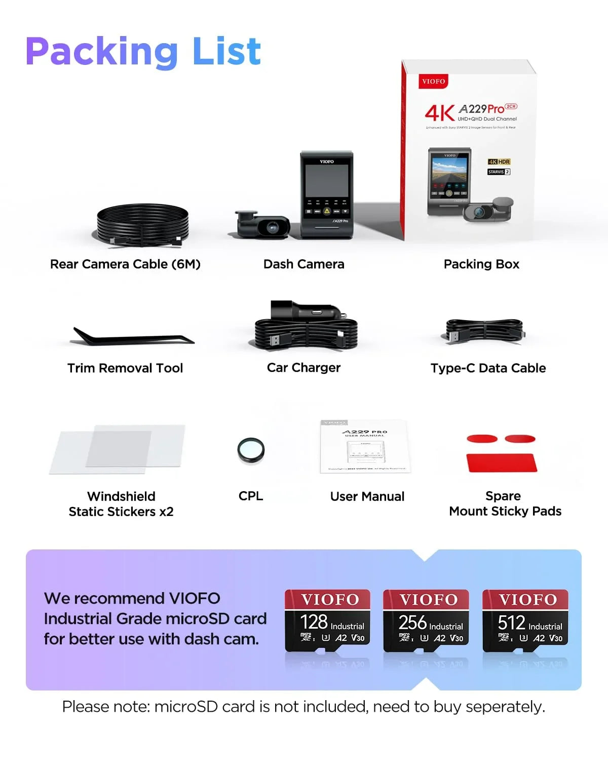 Viofo A229 Pro 2Ch Dashcam With Gps, Dual Starvis 2 Imx678 Imx675 4K+2K Front & Rear Car Camera 2 Lb
