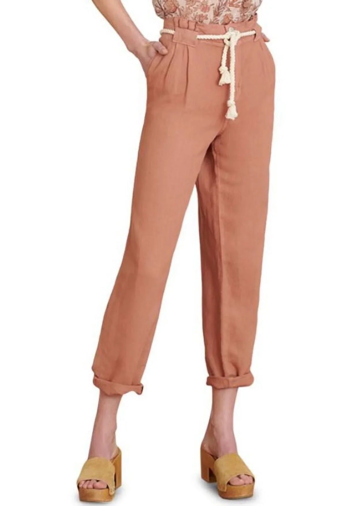 Karter Mocha Beard Linen-Cotton Belted Pants, 12 Women's Veronica