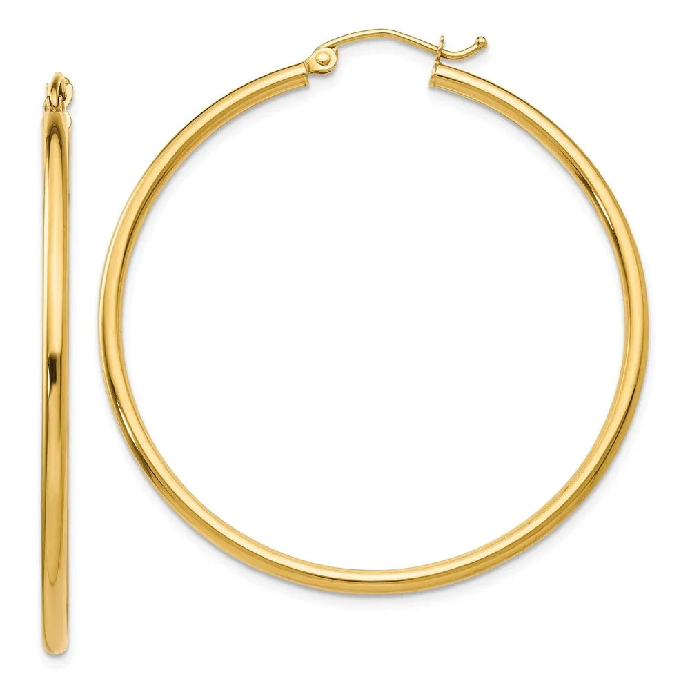 Real 14Kt Yellow Gold Polished 2Mm Lightweight Tube Hoop Earrings; For Adults And Teens; For Women And Men