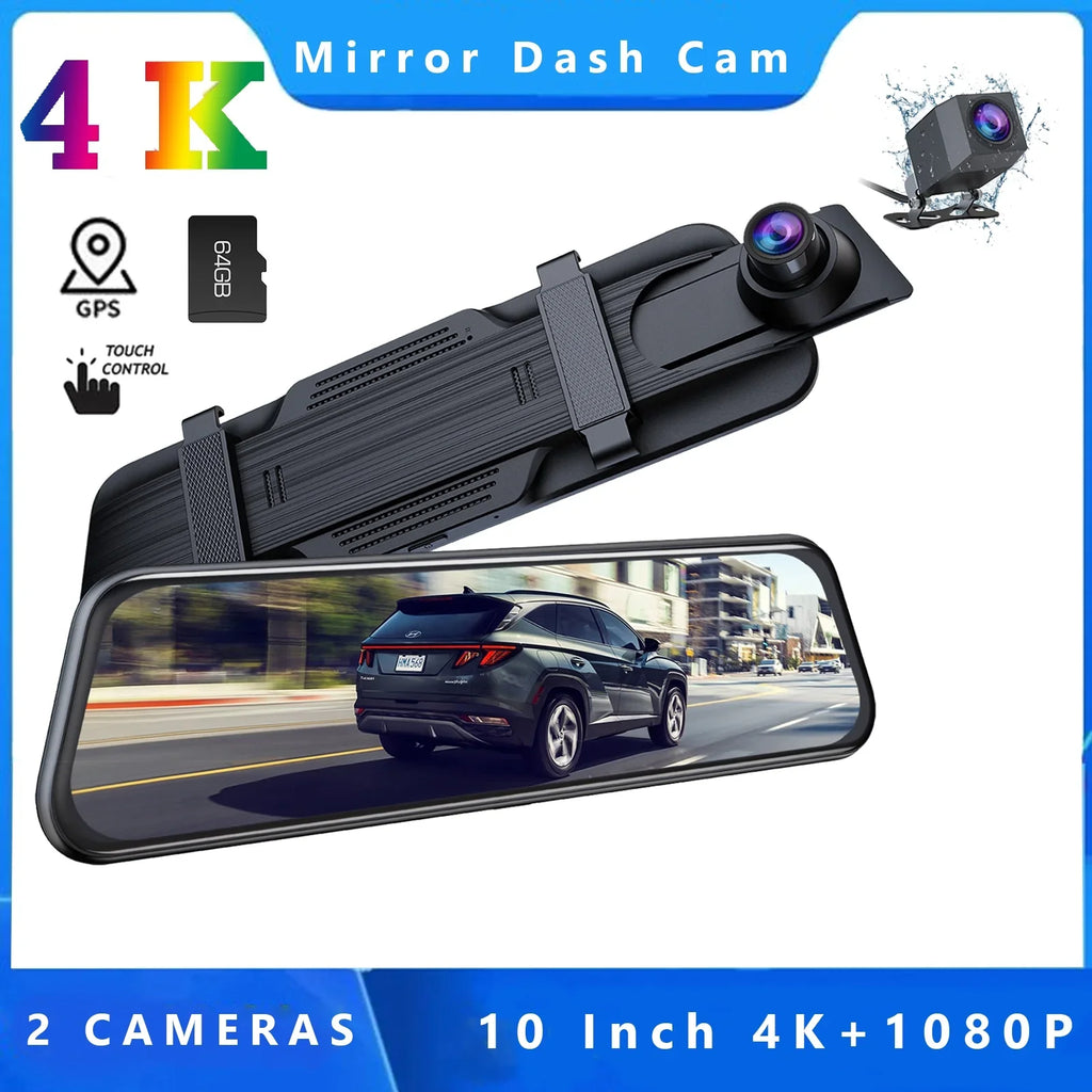Toguard Backup Camera Rear View Mirror Camera, 10" Touch Screen 4K+1080P Front And Rear Dash Cam, With 64Gb Memory Card, Parking Assist, Parking Monitoring, Gps