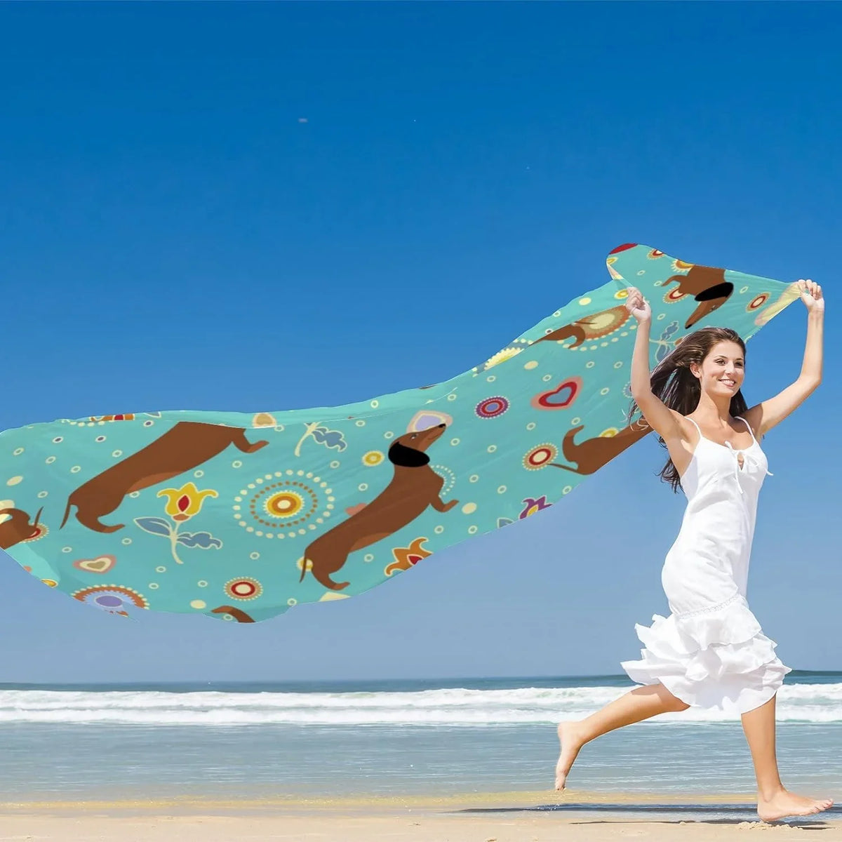 Hyjoy Dachshunds On Turquoise Floral Long Silk Neck Scarf Lightweight Shawl Wrap Scarves For Women Girls