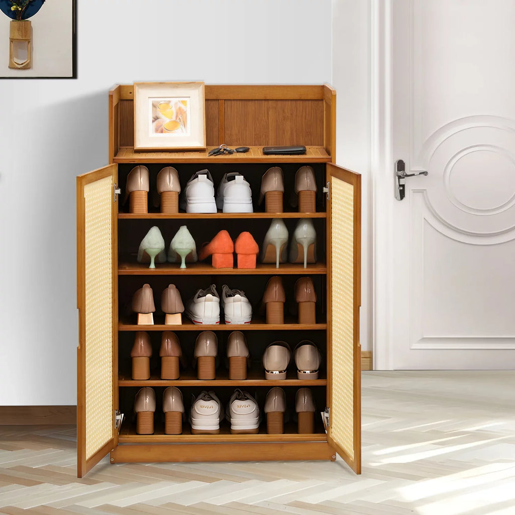 20 MoNiBloom ABS Storage Organizer with Cabinet Brown Shoe with Bamboo Cabinet, Wide Pairs Rattan Sneakers and Shelves, Heels Shoe 6-Tiers Rack Doors, Countertop