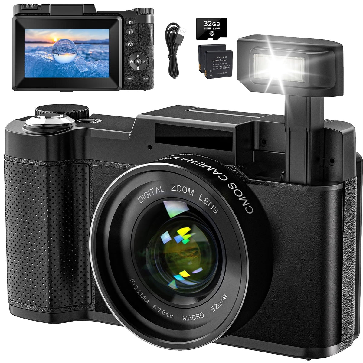 3’’ 4K Camera Digital Screen Vlogging Function Flash, Photography with Liftable 16X & Digital Camera YouTube Zoom Camera for Macro 48MP 180°Flip MARVUE