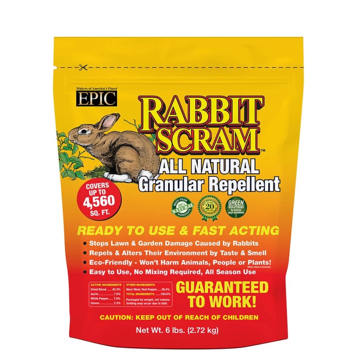 EPIC Bag, Repellent All exterior Use Natural 6lbs Rabbit Granular Ready Animal Scram Resealable To