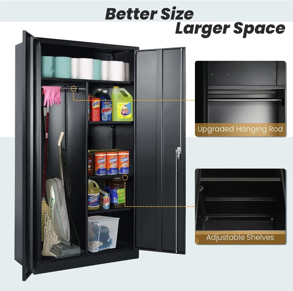 Hoomhibiu Metal Cabinets Locker With Locking Door 72'' Clothing Coat Steel Wardrobe Cabinet With Lock And Shelves For Office Home Garage Employee Freestanding (Black)