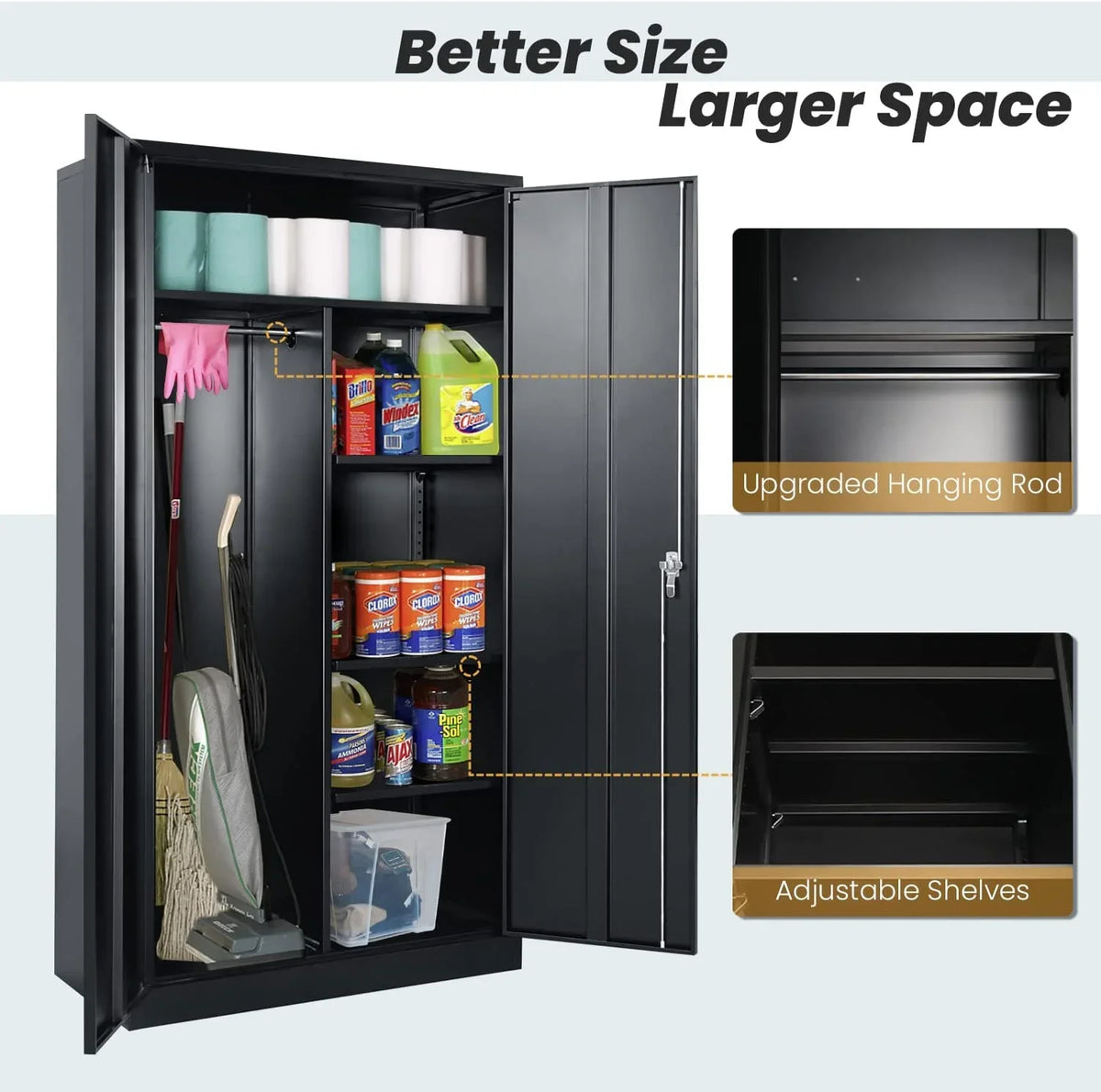 Hoomhibiu Metal Cabinets Locker With Locking Door 72'' Clothing Coat Steel Wardrobe Cabinet With Lock And Shelves For Office Home Garage Employee Freestanding (Black)