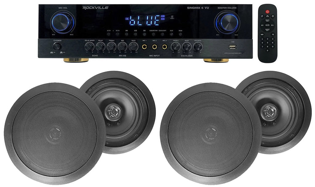 5 Receiver 8" Rockville Amp+(4) Speakers Ceiling Black SINGMIX Bluetooth Home
