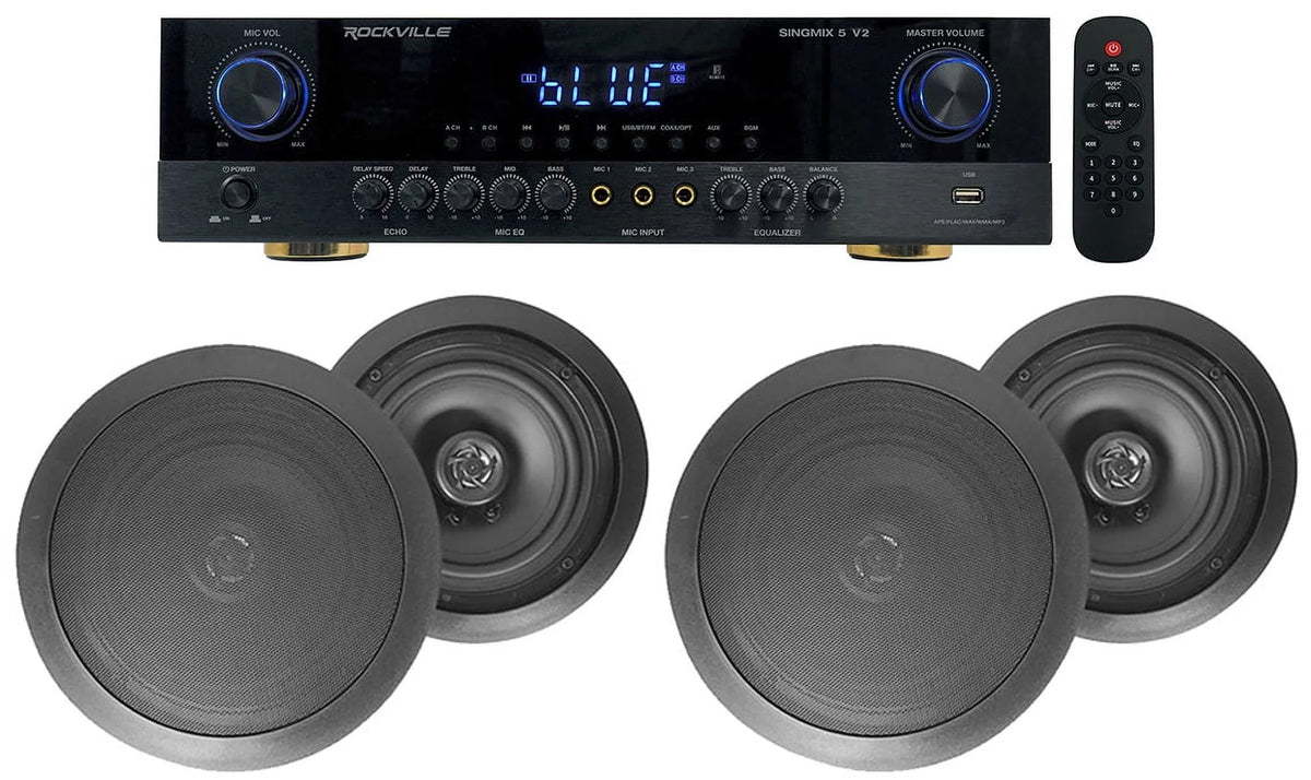 5 Receiver 8" Rockville Amp+(4) Speakers Ceiling Black SINGMIX Bluetooth Home