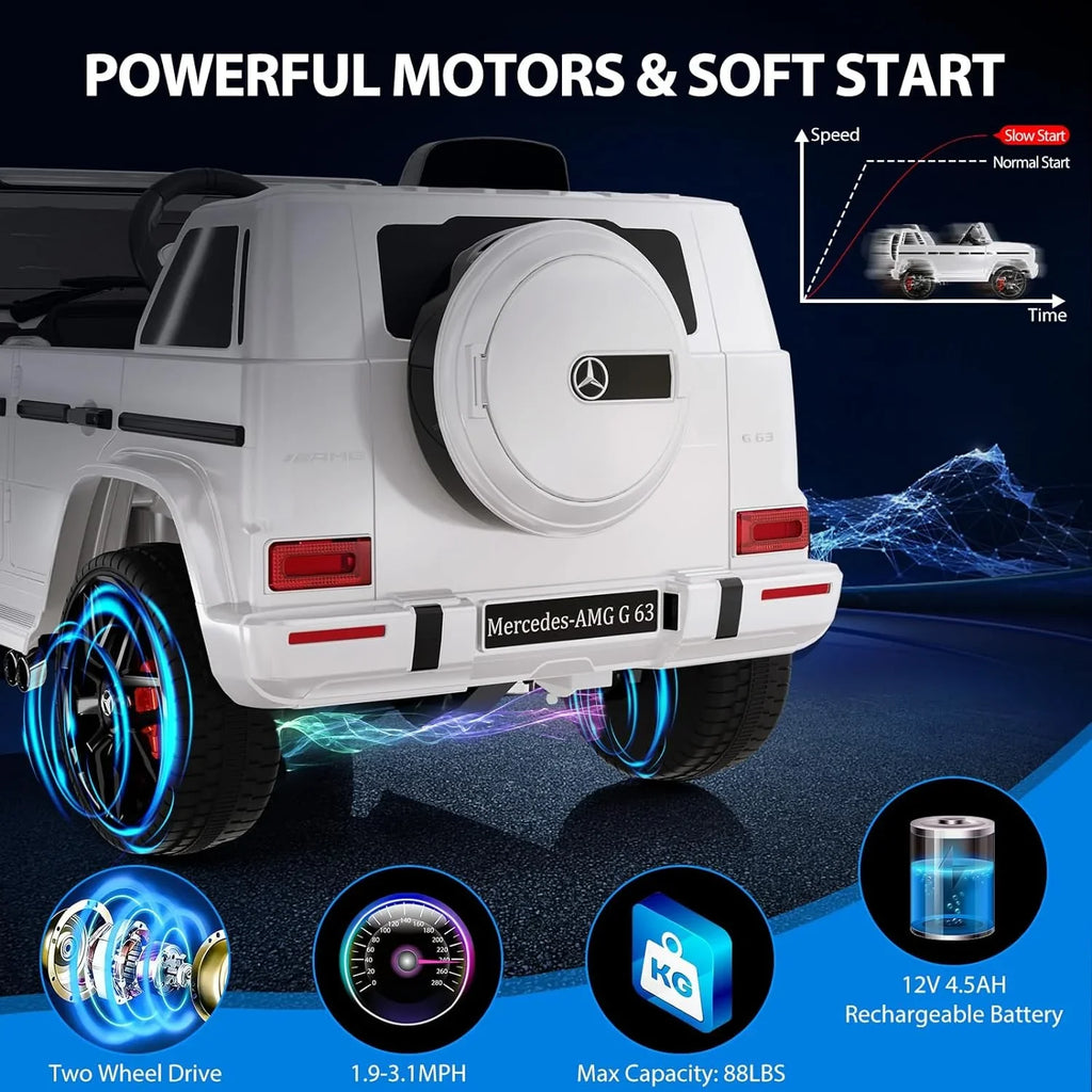 Music, Battery on White Light, G63 Powered AUX, Electric Benz Vehicle, Lock Car, Bluetooth, Ride Car LED w/Remote Kids Electric Safety Control, Suspension, Licensed 12V Spring Horn,