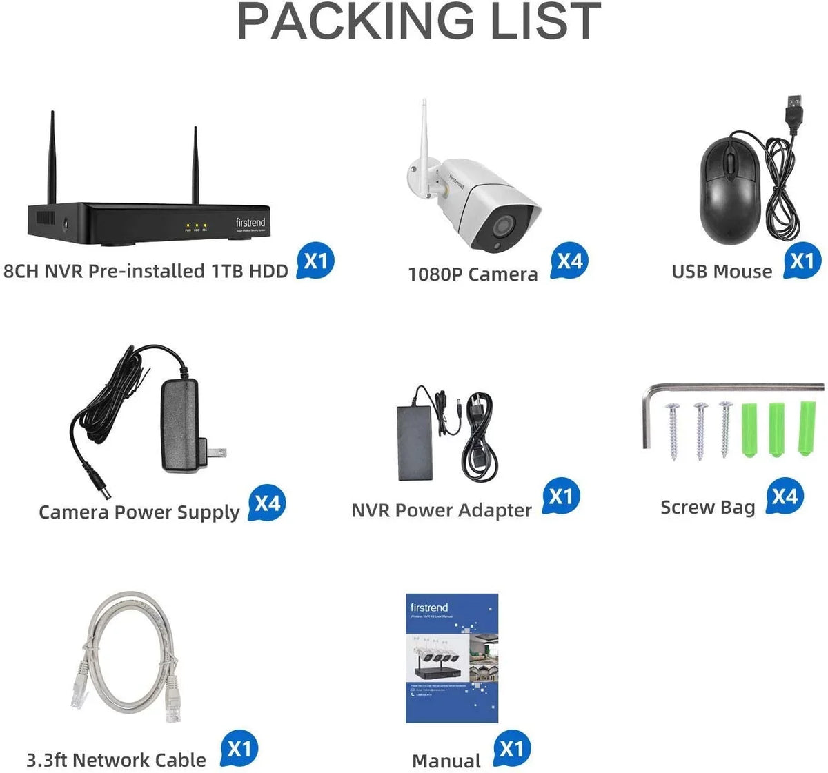 Security Detection HD Wireless exterior 1TB 3MP HDD Night Motion for Home System App 1080P Camera 8CH Cameras Vision 4pcs Systems with Video Surveillance Security Indoor Free Full Wireless,Firstrend
