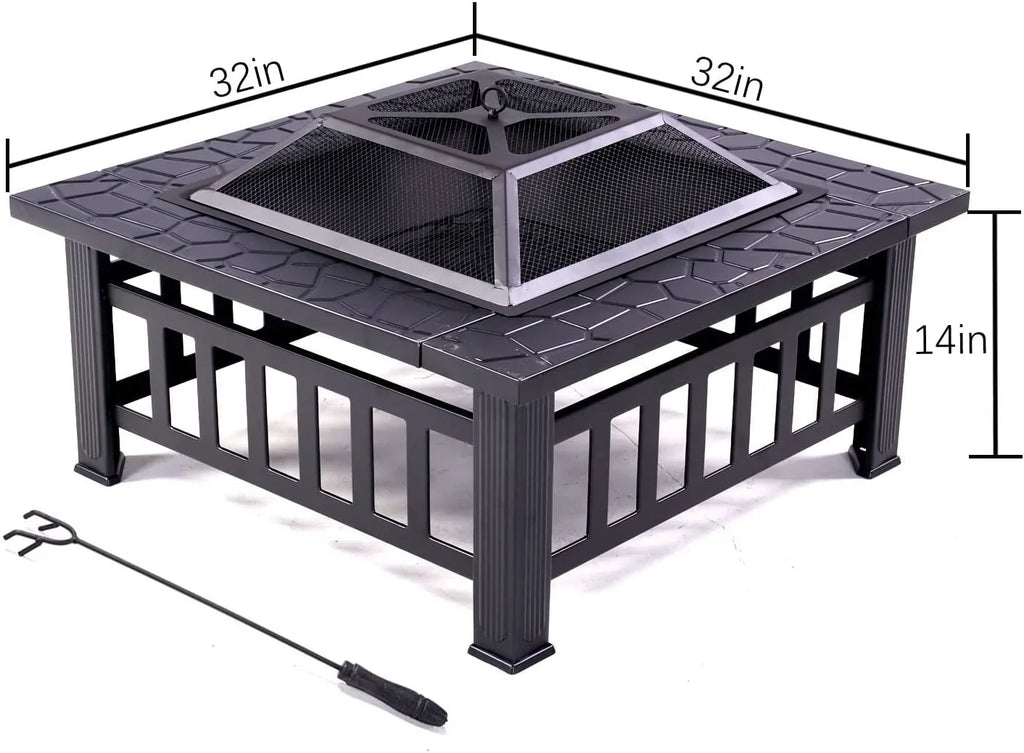 32" Fire Square with Pit, Spark or Burning Safe Bonfire Cover for Warmth, exterior Table Outside, BBQ Fire Grand Poker Patio for Mesh Wood Backyard Cooler & Patio Screen Lid Firepit Pit